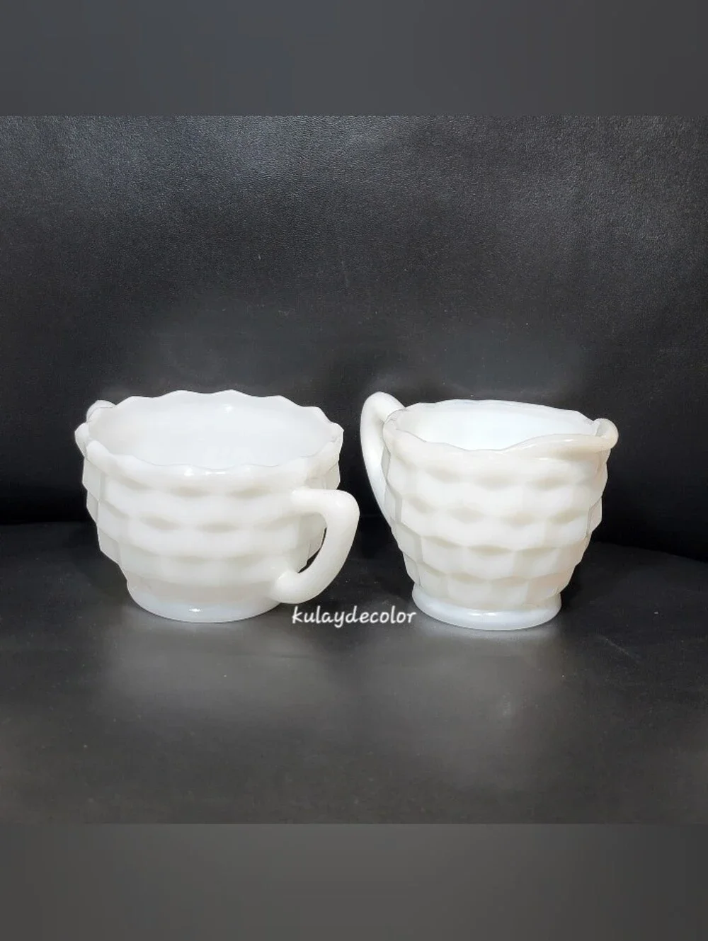Vintage Jeannette White Milk Glass Creamer & Open Sugar Bowl Set Diamond Quilt